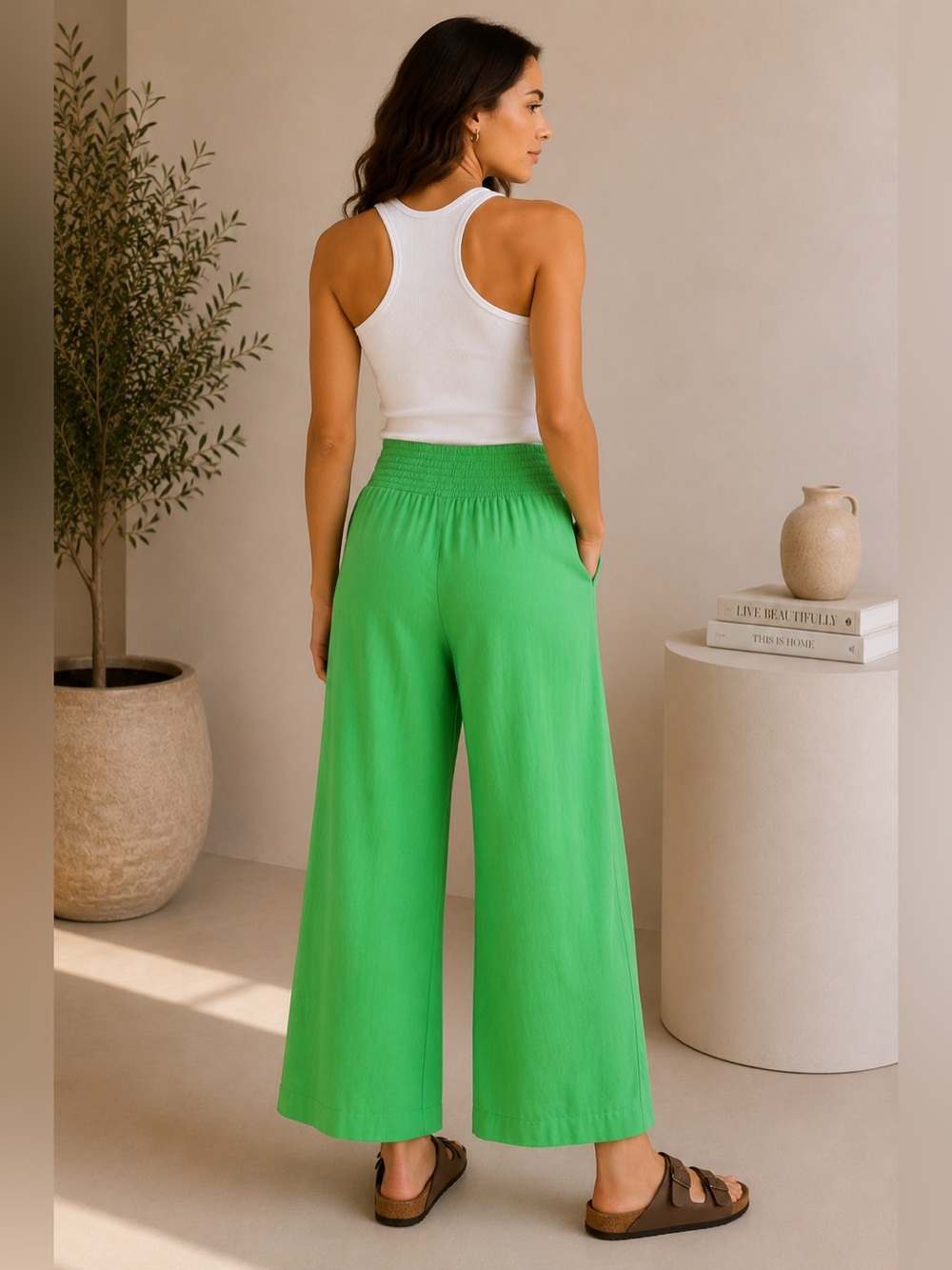 Linen Blend Wide Leg Pants High Rise Smocked Waist Kelly Green L - Picture 6 of 6